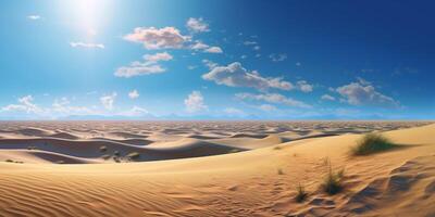 öken- sand sanddyner under blå himmel med moln med ai genererad. foto