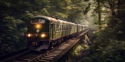 årgång ånga tåg i en dimmig skog med ai genererad. foto
