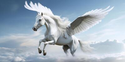 vit häst med vingar flygande i de blå himmel med ai genererad. foto