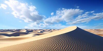 öken- sand sanddyner under blå himmel med moln med ai genererad. foto