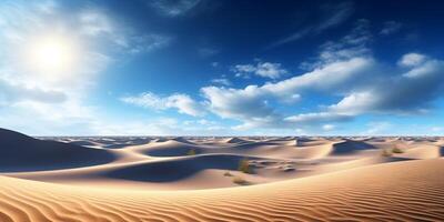 öken- sand sanddyner under blå himmel med moln med ai genererad. foto