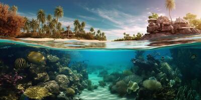 under vattnet se av tropisk ö med korall rev och sandig strand med ai genererad. foto