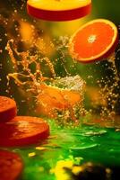 flygande en orange skivor med vatten stänk, generativ ai foto