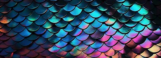 holografiska metall kreativ bakgrund med geometrisk mönster. ultra violett neon ljus holografiska trendig sjöjungfru textur baner. stiliserade orm eller fisk eller sjöjungfru vågar. foto