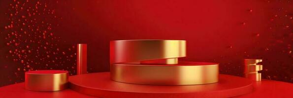 röd modern stil ett podium produkt monter med gyllene ringa ram japansk stil mönster bakgrund. en lyx skede för produkt reklam. foto