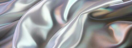 silke skinande vit tyg textur baner i pastell regnbågsskimrande holografiska färger. abstrakt textur horisontell kopia Plats bakgrund. 3d framställa. foto