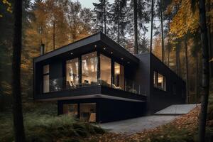 ai genererad modern eco hus i minimalistisk design med sport bil i främre av den och belägen i de skog foto