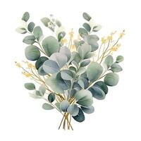 vattenfärg grön och gyllene eukalyptus löv. illustration ai generativ foto