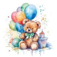 teddy Björn med ballonger. illustration ai generativ foto