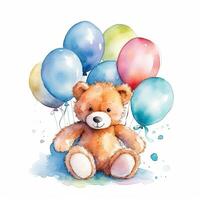 teddy Björn med ballonger. illustration ai generativ foto