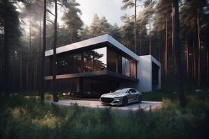 ai genererad modern eco hus i minimalistisk design med sport bil i främre av den och belägen i de skog foto