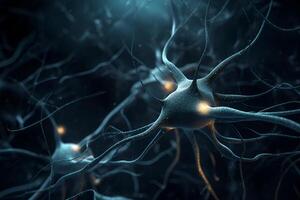 ai genererad närbild se av mänsklig neuroner i hjärna och nervcell anslutningar i 3d illustration foto