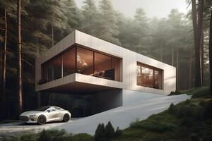 ai genererad modern eco hus i minimalistisk design med sport bil i främre av den och belägen i de skog foto