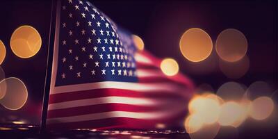 amerikan flagga ,förenad stater av amerika. nationell Semester oss oberoende dag, minnesmärke dag och Lycklig Martin luther kung dag. USA flagga med bokeh bakgrund. generativ ai. foto