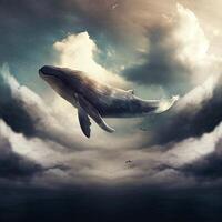 stor val flygande genom en molnig himmel. generativ ai. foto
