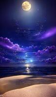 strand på natt med en full måne i de himmel. generativ ai. foto