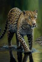 målning av en leopard gående tvärs över en kropp av vatten. generativ ai. foto