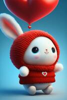 vit kanin bär en röd hatt innehav en hjärta formad ballong. generativ ai. foto