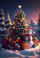 snögubbe stående i främre av en jul träd. generativ ai. foto