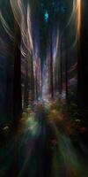 en bild tagen från de inuti av skog med ljus lysande genom träd. generativ ai. foto