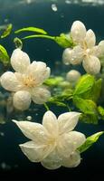 grupp av vit blommor flytande på topp av en kropp av vatten. generativ ai. foto