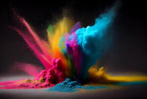 färgrik pulver damm exploderande i holi dag. generativ aicolorful stärkelse och färga pulver damm exploderande i holi dag. generativ ai foto