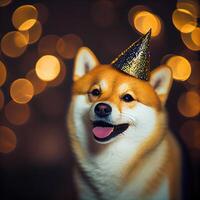 Lycklig shiba inu hund i fest med bokeh ljus bakgrund. djur- och sällskapsdjur begrepp. generativ ai foto