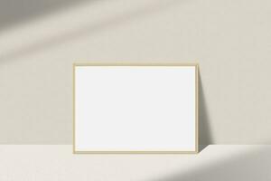 realistisk landskap Foto ram mockup. trä- ram attrapp på de tabell med ljus fönster skugga täcka över effekt. enkel, rena, modern, minimal tömma affisch ram falsk upp. vit bild ram attrapp