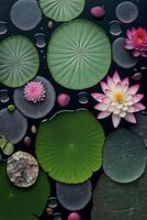 grupp av vatten lillies flytande på topp av en kropp av vatten. generativ ai. foto