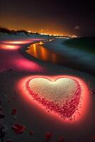 hjärta tillverkad ut av sand på en strand på natt. generativ ai. foto