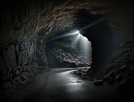 en se av mörk grotta med ljus kommande från de slutet tunnel. generativ ai. foto