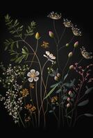 knippa av annorlunda typer av blommor på en svart bakgrund. generativ ai. foto