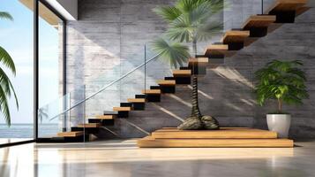 interiör av modern trappa design, elegant l form trä konsol trappa, granit bas. ai genererad. foto