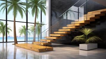 interiör av modern trappa design, elegant l form trä konsol trappa, granit bas. ai genererad. foto