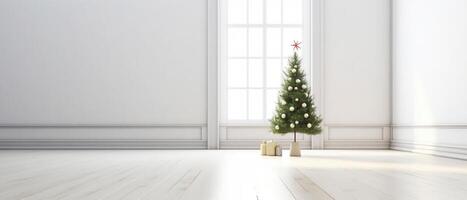 jul och ny år bakgrund. lugg gåva låda realistisk 3d jul träd. ai genererad. foto