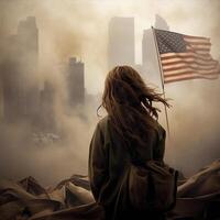 911 patriotisk dag. september 11 minnesmärke, jord noll. vi kommer aldrig glömma bort. ai genererad. foto