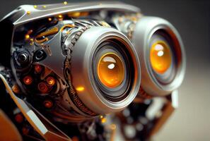 närbild av gul robot ögon med metallisk strukturera bakgrund. teknologi och innovation begrepp. generativ ai foto