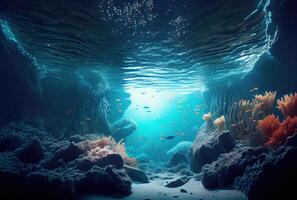 djup hav och vatten- liv med solsken bakgrund. digital konst illustration. marin liv och undervattenskablar begrepp. generativ ai foto