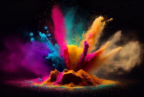 färgrik stärkelse och färga pulver damm exploderande i holi dag. generativ ai foto