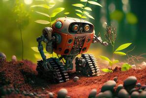 robot skogvaktare levande i de skog och plantering de träd. miljö bevarande och teknologi begrepp. generativ ai foto