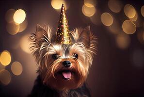 Lycklig yorkshire terrier bär fest hatt för firande med bokeh bakgrund. djur- och sällskapsdjur begrepp. generativ ai foto