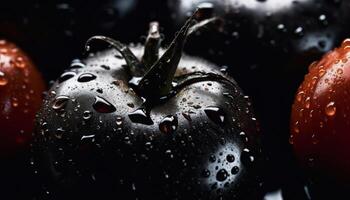 stänga upp av rena svart tomat med vatten släppa i mörk svart bakgrund. färsk frukt och vegetabiliska begrepp. näring och vitamin tema. generativ ai foto