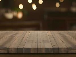 tömma trä- tabell topp på fläck restaurang bakgrund. foto