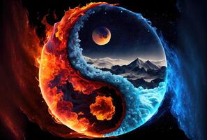 brand och is klimat i de yin och yang på mörk bakgrund. abstrakt och kontrast symbol begrepp. generativ ai foto