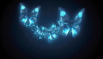 skön lysande blå fraktal fjärilar abstrakt på svart bakgrund. företag omvandling innovation och störning begrepp. generativ ai foto