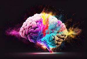 kreativitet färgrik hjärna exploderande med kraftfull Flerfärgad förbi pulver beläggning Färg. digital konst illustration. djup inlärning och sinne blåst begrepp. generativ ai foto