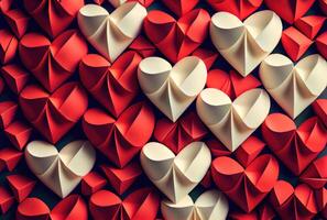 papperssår röd och vit hjärtan origami bakgrund. kärlek berättelse och valentines dag tapet begrepp. generativ ai foto