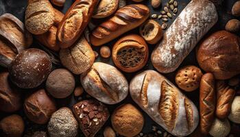 olika av bröd på de trä- tabell bakgrund. mat och bageri begrepp. full av bröd tema. generativ ai foto