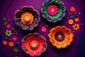 färgrik diwali festival lera lampor kallad diyas dekorera på lila bakgrund. generativ ai foto