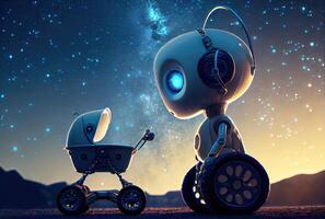 robot barnskötare ta vård av bebis till tittar på starry natt landskap berg och mjölkig sätt himmel bakgrund. människor teknologi och astrologi vetenskap begrepp. digital konst fantasi illustration. generativ ai foto